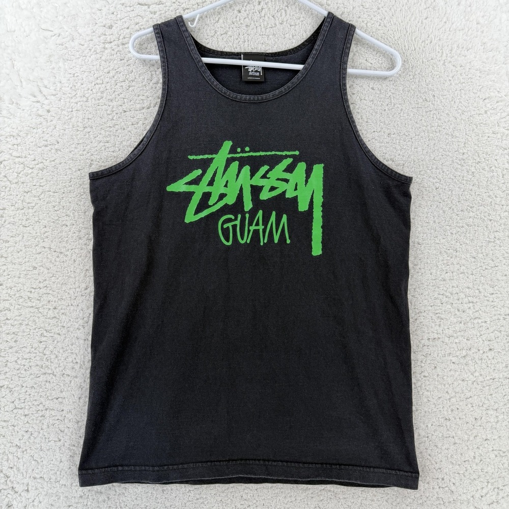 Stussy Shirt Mens Medium Black Guam Logo Graphic Tank Top Casual Streetwear